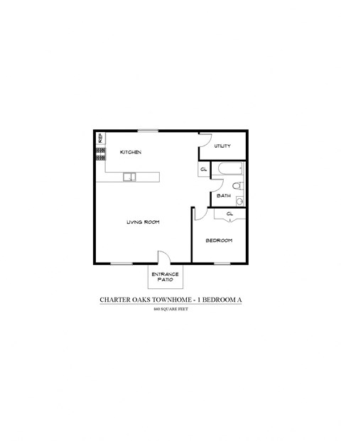 Floor plan for 1 bed, 1 bath, 840 sqft